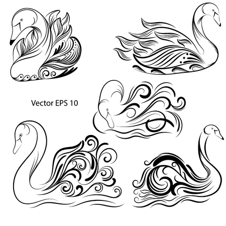 set of hand-drawn swans, black line on white background, vector illustrationのイラスト素材