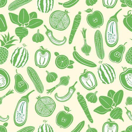 Seamless pattern with abstract green vegetables and fruits, on a light yellow background for vegetable shop. Vector illustration, flat designのイラスト素材
