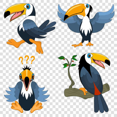 four bright cartoon toucans, isolated, on a transparent background. Vector illustrationのイラスト素材