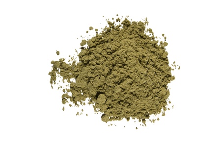 Top view of organic raw hemp protein powder  Isolated on white の写真素材