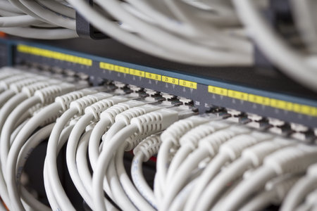 Close up of a gigabit ethernet switch with cat 5   5e   6 patch cables connected 