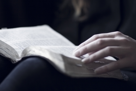 A close-up of a christian woman reading the bible  Very shallow depth of fields の写真素材