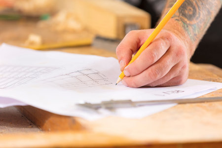 Close-up of carpenter plans project and writes at drawings in workshop
