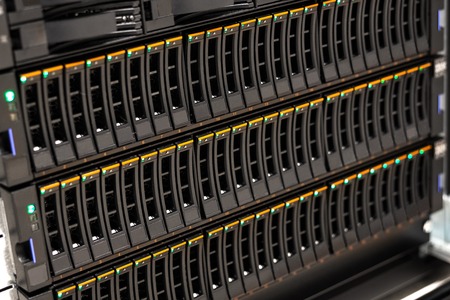 Large SAN Disk Cabinet In Rack At Datacenterの写真素材