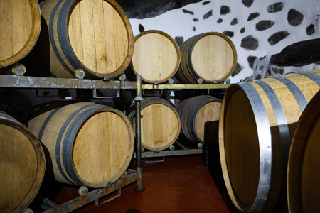 Wooden Barrels in Oak Stored At Wine Cellar Below Groundの写真素材