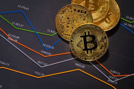 Gold bitcoin on financial charts for cryptocurrency pricesの写真素材