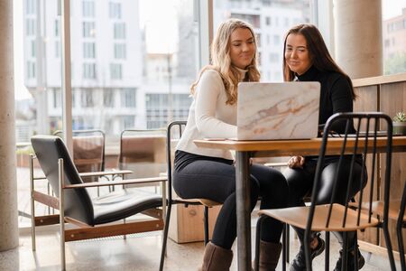 Female Freelancers Doing Research On Laptop At Restaurantの写真素材