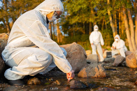 Female scientist collecting water sample from seaの写真素材