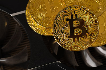 Gold bitcoins on crypto mining GPU computer hardware