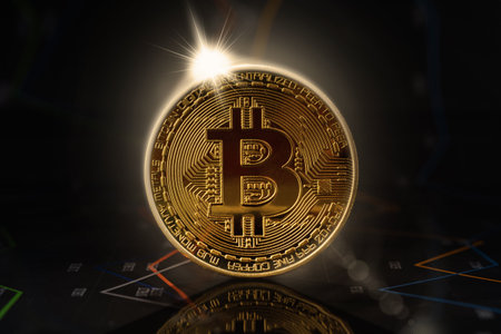 Sunrise behind gold bitcoin standing on financial graphs for cryptocurrency pricesの写真素材