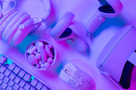 Marshmallows by modern gaming accessories on deskの写真素材