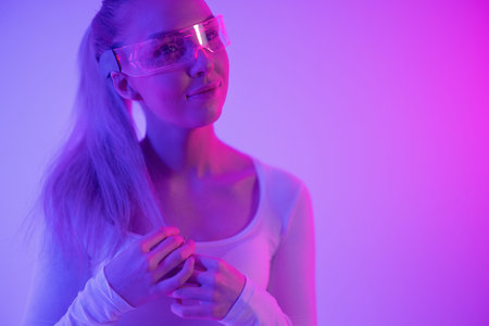 Futuristic Woman with Stylish Holographic Glasses