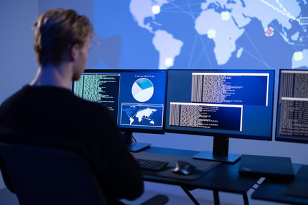 Back View in the Cyber Security Control Center Operator Working. Multiple Screens Showing Technical Data and Alerts.の写真素材
