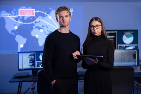Professional and confident cyber security team in front of dark cybersecurity SIEM system with logs and incident mapの写真素材