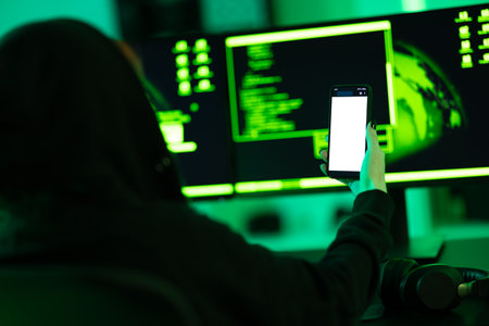Hacker using smartphone in dimly lit cyber security environmentの写真素材