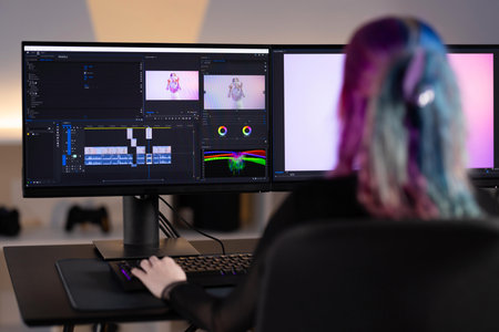 Young woman editing video content on a professional workstationの写真素材
