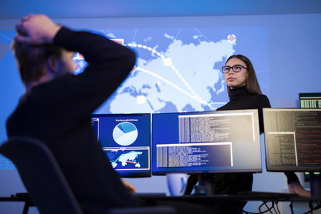 Cybersecurity analysts monitoring threats in a security operations center environmentの写真素材