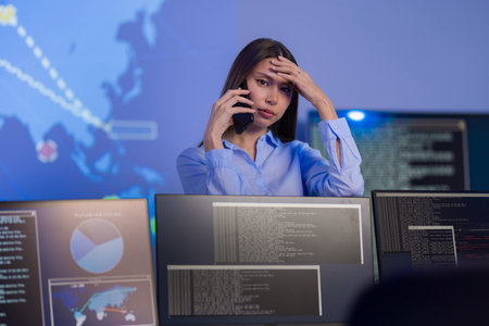 Concerned analyst monitoring cybersecurity incidents in SOC environment on multiple screens