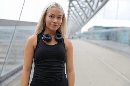 Young blond athlete with headphones on urban bridgeの写真素材