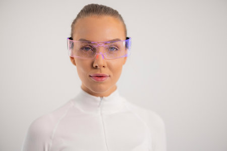 Futuristic woman wearing smart glassesの写真素材
