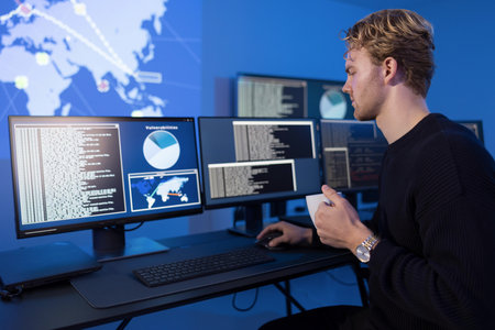 Cybersecurity analyst monitoring systems in a secure operations centerの写真素材