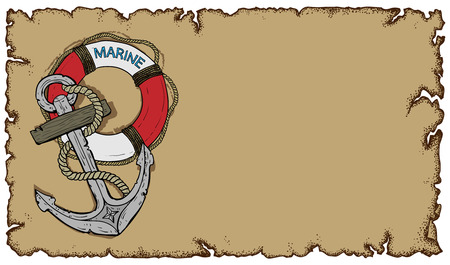 marine theme, old parchment with lifebuoy and anchorのイラスト素材