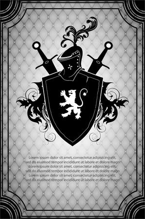 black shield with a white lion and a weapon on ornamented backgroundのイラスト素材