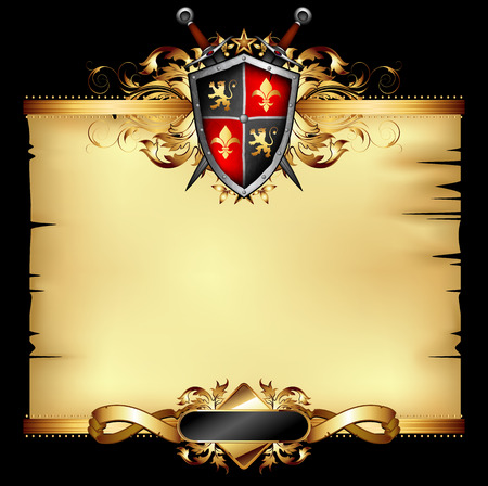old parchment decorated with heraldic shield and two swordsのイラスト素材