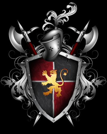 medieval shield, helmet and halberd on a black backgroundのイラスト素材