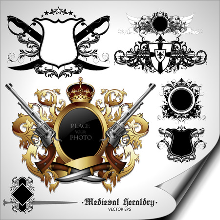 set of ancient weapons from swords and shields to guns and pistolsのイラスト素材