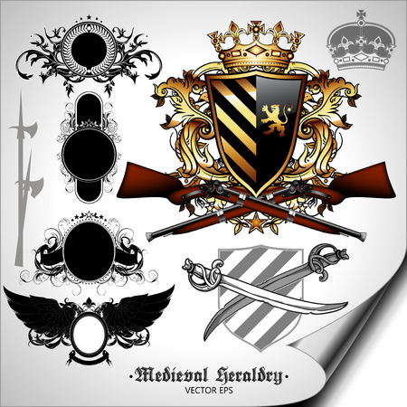 set of medieval heraldic elements with shields and weaponsのイラスト素材
