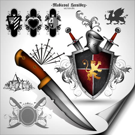 set of medieval heraldic elements with shields and weaponsのイラスト素材