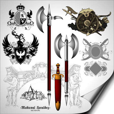 set of medieval heraldic elements with shields and weaponsのイラスト素材