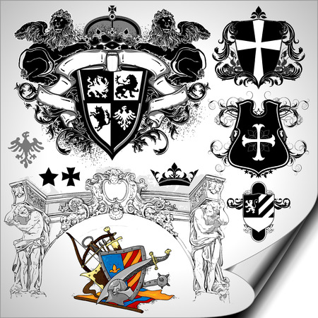 set of medieval heraldic elements with shields and weaponsのイラスト素材
