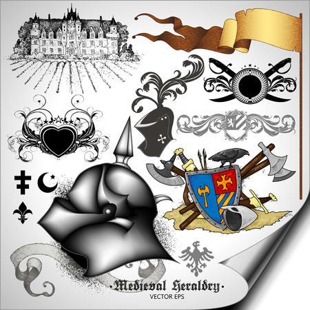 set of medieval heraldic elements with shields and weaponsのイラスト素材