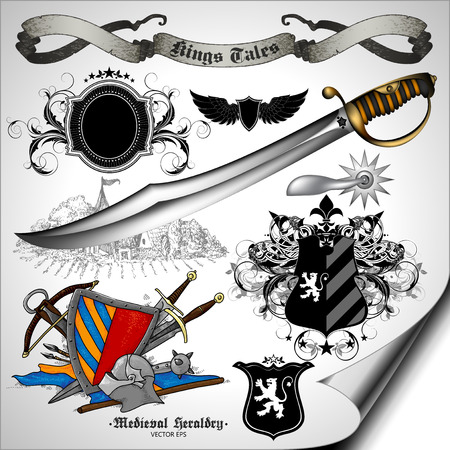 set of medieval heraldic elements with shields and weaponsのイラスト素材