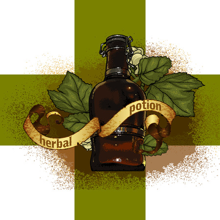 bottle with herbal extract against a background of the Green Crossのイラスト素材