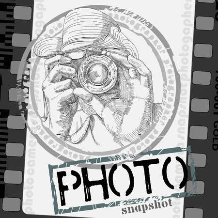 freehand drawing photographer with a camera designed as a photo frameのイラスト素材