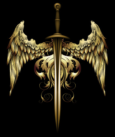 medieval sword decorated with wings and swirlsのイラスト素材