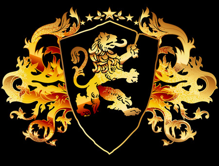 ornate medieval heraldic shield with a lion on a black backgroundのイラスト素材