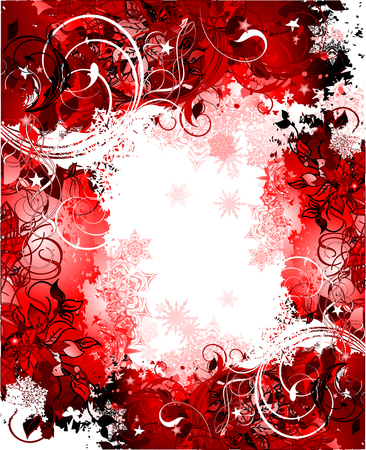 red christmas background with snowflakes and floral elementsのイラスト素材