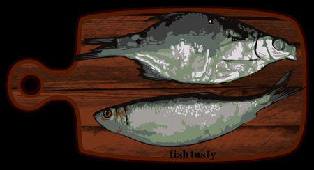 two fish on a wooden cutting board, freehand drawingのイラスト素材