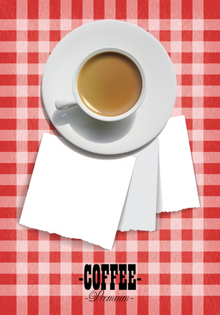 white porcelain cup of coffee on a checkered backgroundのイラスト素材