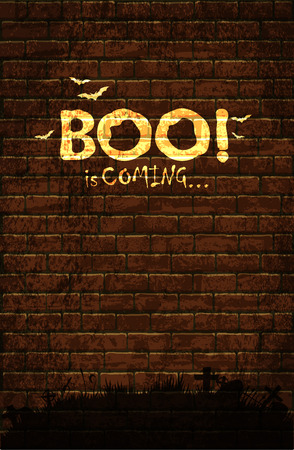 Halloween background with old brick wall and a silhouette of cemeteryのイラスト素材