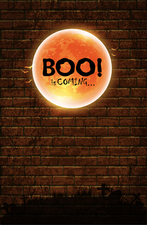 Halloween background with old brick wall and a silhouette of cemeteryのイラスト素材