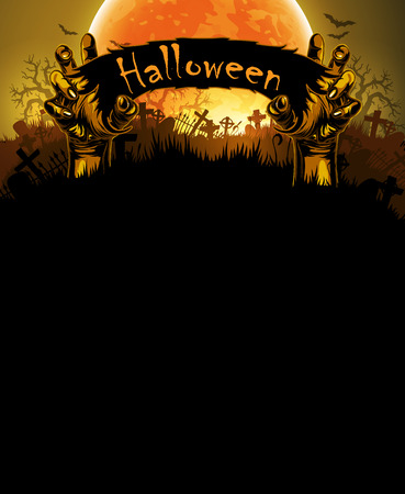 Halloween background with a silhouette of a hands against the backdrop of a large moonのイラスト素材