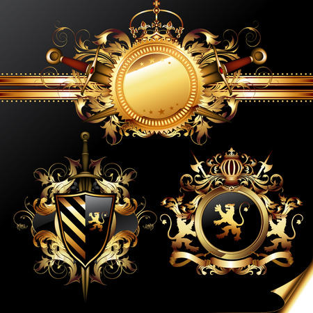 set of medieval heraldic shields and weaponsのイラスト素材