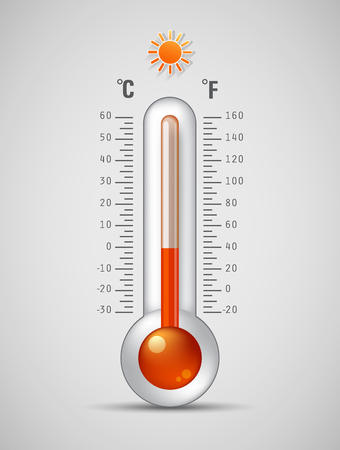 Glass thermometer with scale measuring heat . Celsius and Fahrenheit scaleのイラスト素材