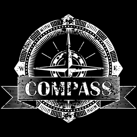 Drawing of a compass on a black background in retro styleのイラスト素材