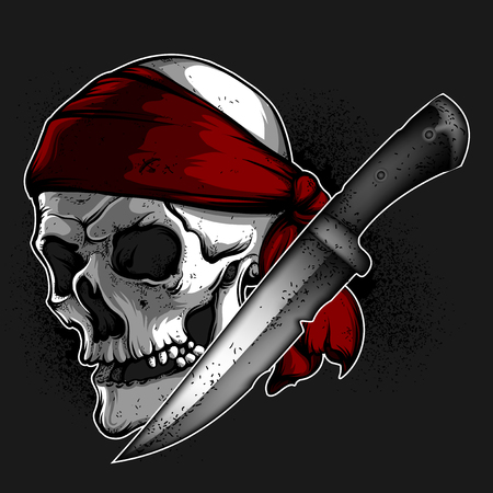 Skull of a pirate in a red kerchief and a knife.のイラスト素材